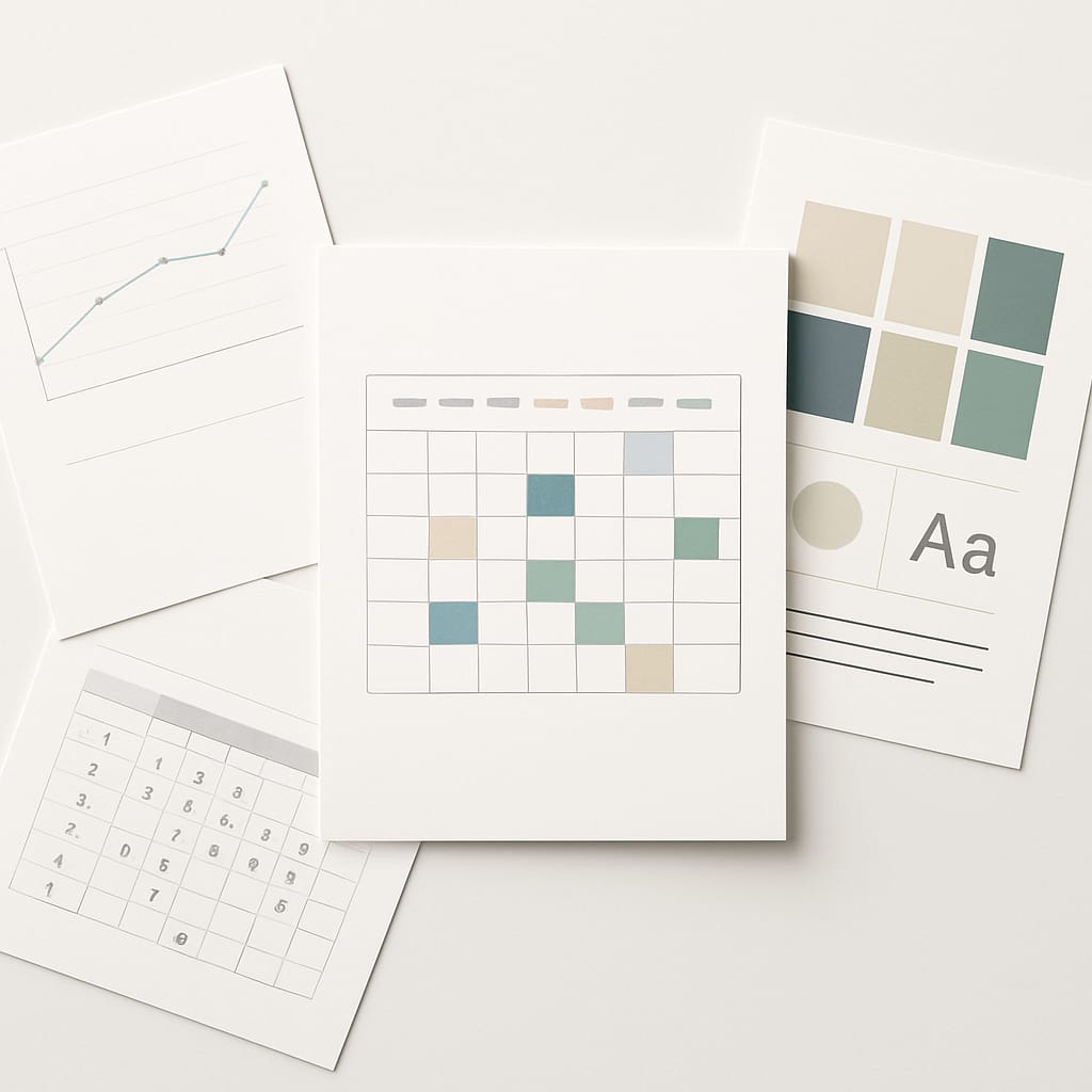 Flat lay of marketing planning materials on a desk: a line graph, a monthly content calendar, and a brand color palette with typography samples