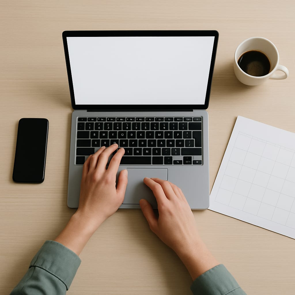 Overhead view of hands typing on a laptop beside a coffee cup, a phone, and a blank monthly calendar page on a desk