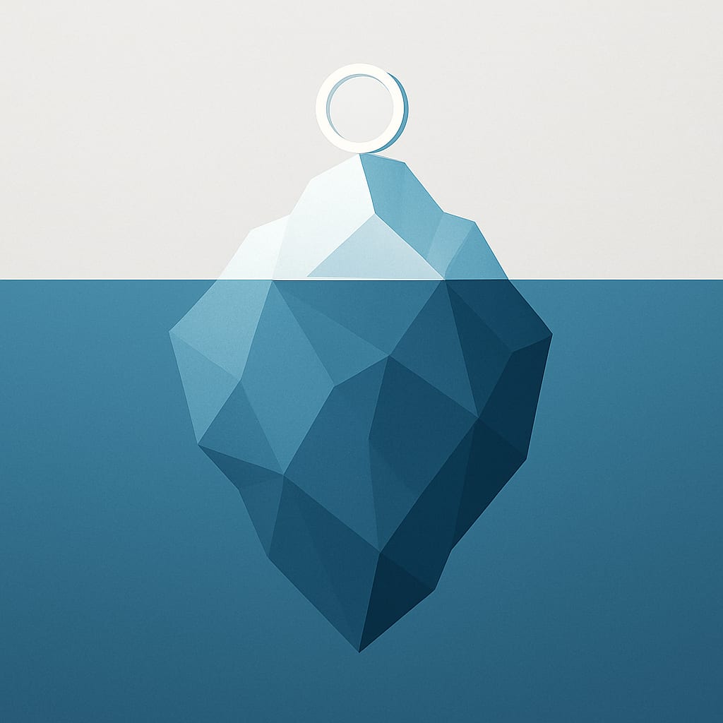A minimalist illustration of an iceberg with a small tip above the waterline and a much larger mass hidden beneath the surface, symbolizing hidden costs
