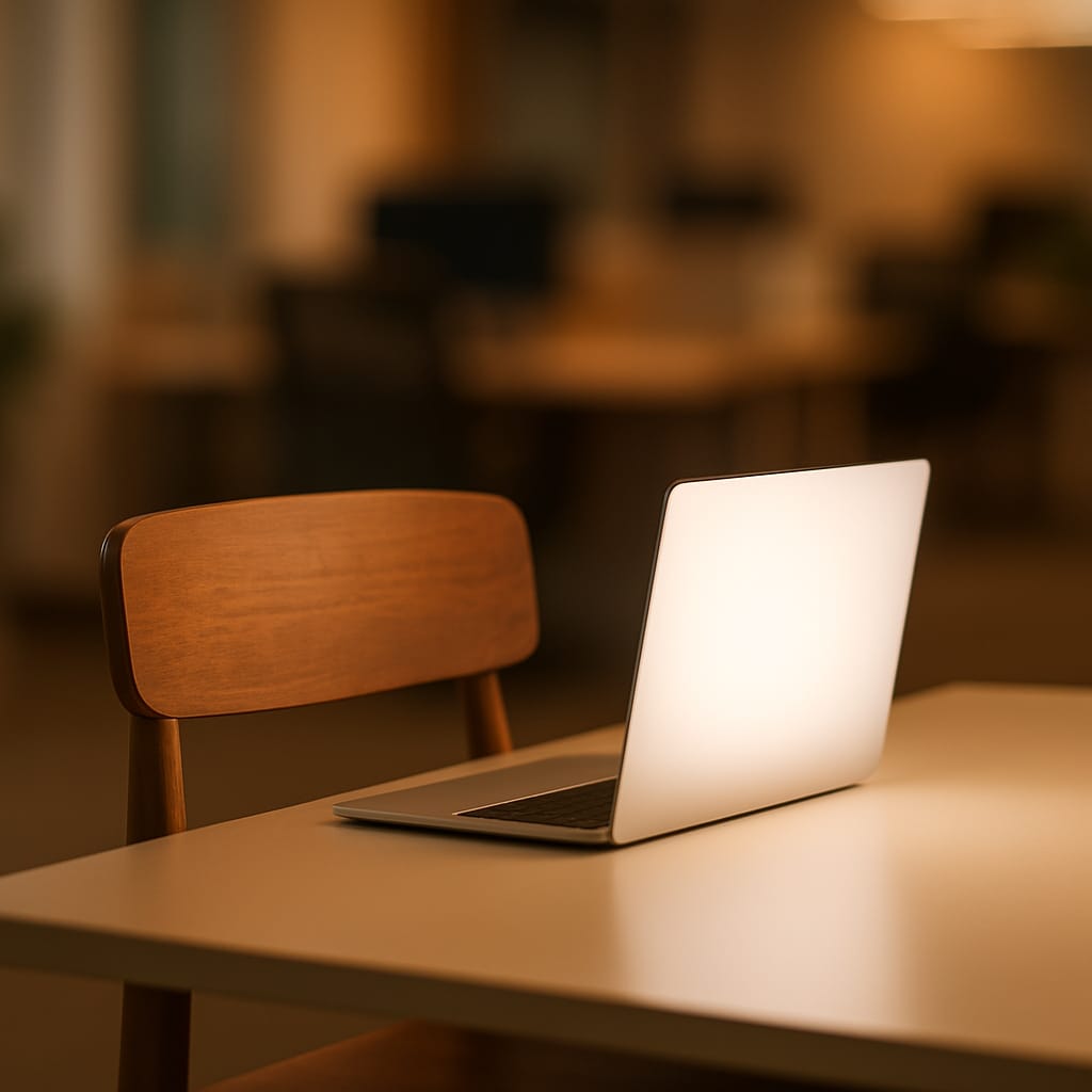An open laptop glowing on a wooden desk in a warm, dimly lit office, with an empty chair beside it